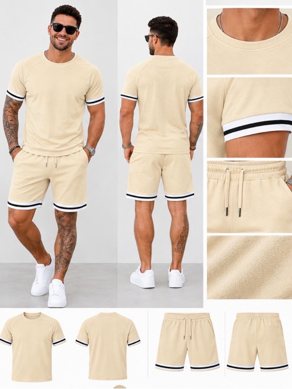Beige Athletic Men's Shorts Set with Contrast Stripe Trim
